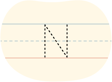 A piece of lined paper with a dotted line showing how to print the letter N in uppercase.