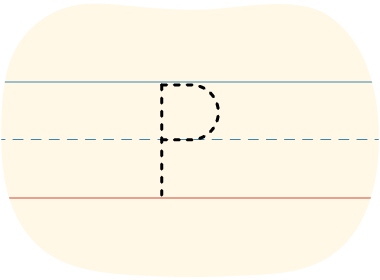 A piece of lined paper with a dotted line showing how to print the letter P in uppercase.
