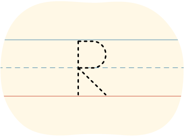 A piece of lined paper with a dotted line showing how to print the letter R in uppercase.