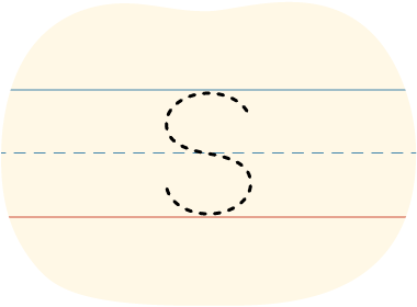 A piece of lined paper with a dotted line showing how to print the letter S in uppercase.
