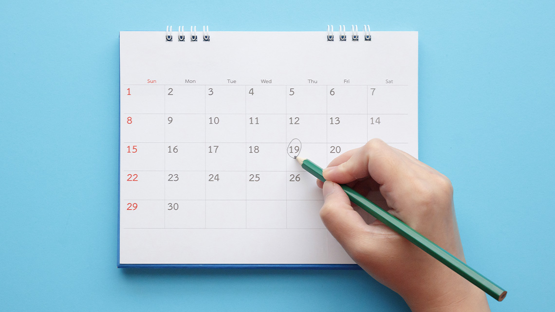 A calendar page showing the days of a month. The number 19 is circled.