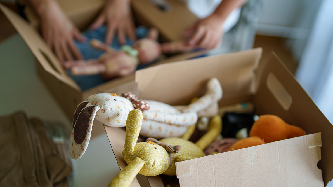 Hands sorting toys for donation.