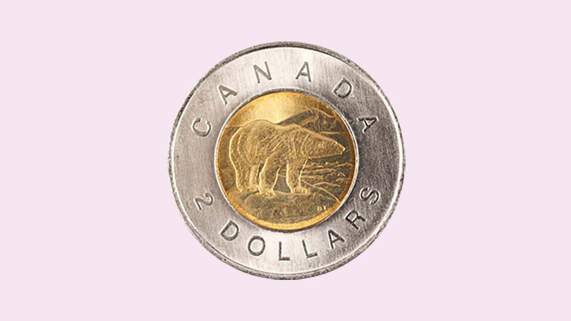A&nbsp;silver and&nbsp;gold-coloured coin with a&nbsp;polar bear. This is a&nbsp;two-dollar coin and is called a toonie.