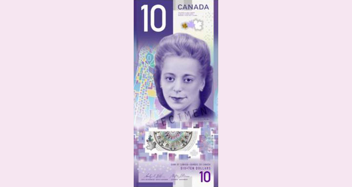 A purple bill with the number ten on it. This is a Canadian ten-dollar bill.
