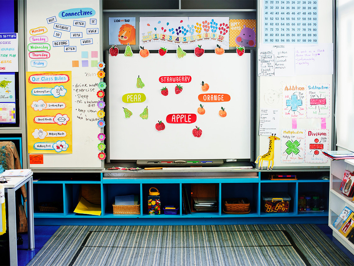 A classroom whiteboard with strawberry, orange, apple, and pear written it.