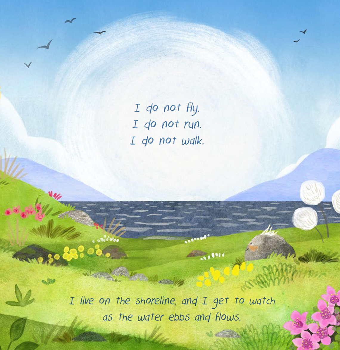 A shoreline scene with grass, flowers, and a body of water stretching across the middle of the page. A rock sits near the right side of the grass. Text in the sky reads, ‘I do not fly. I do not run. I do not walk.’ Additional text near the bottom reads, ‘I live on the shoreline, and I get to watch as the water ebbs and flows.