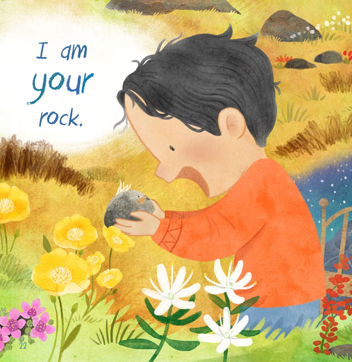 Pauloosie holds up Miki Rock to his face. Text at the top of the page reads, 'I am your rock.'
