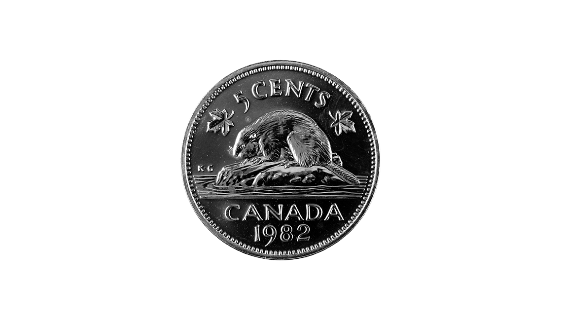 A nickel coin with a beaver on it. The coin is silver and is worth 5 cents.