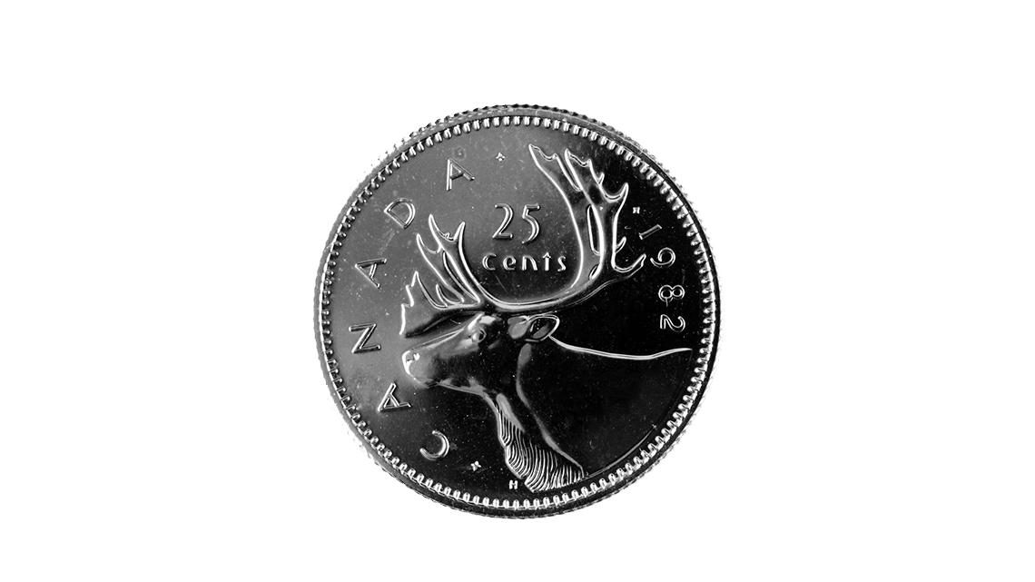 A quarter coin with a caribou on it. The coin is silver and is worth 25 cents.