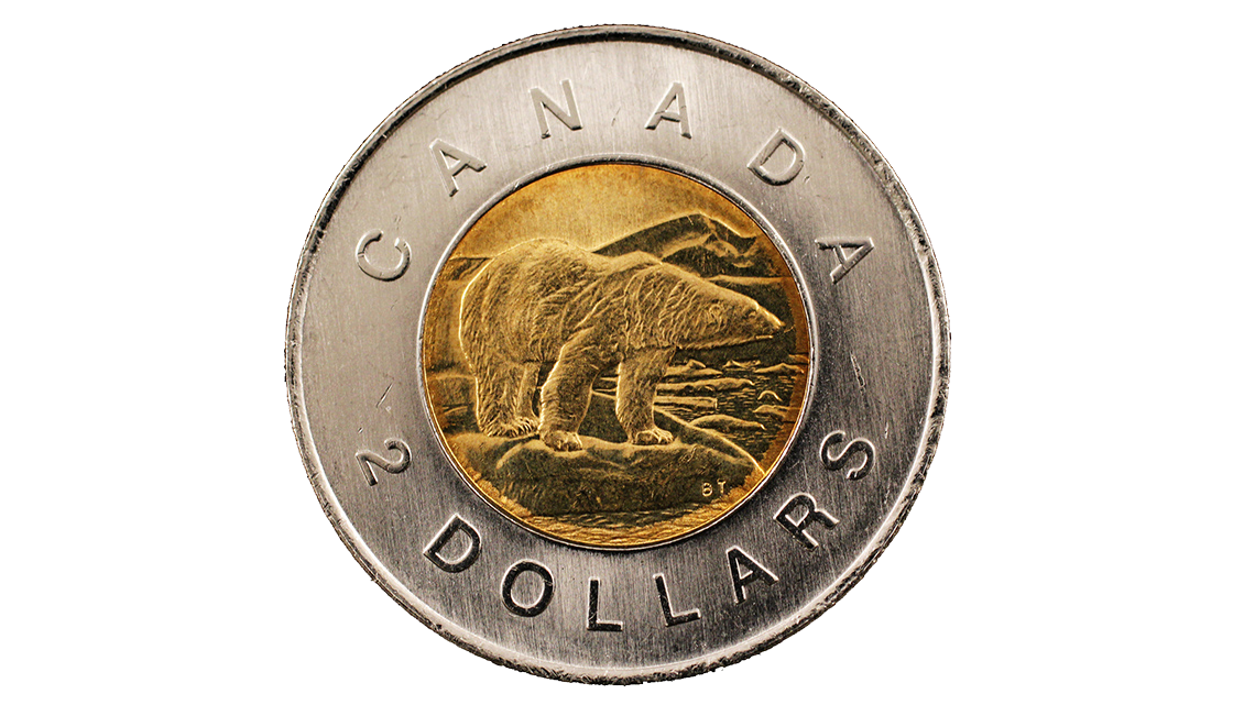 A toonie coin with a polar bear on it. The coin is gold and silver. It is worth 2 dollars.