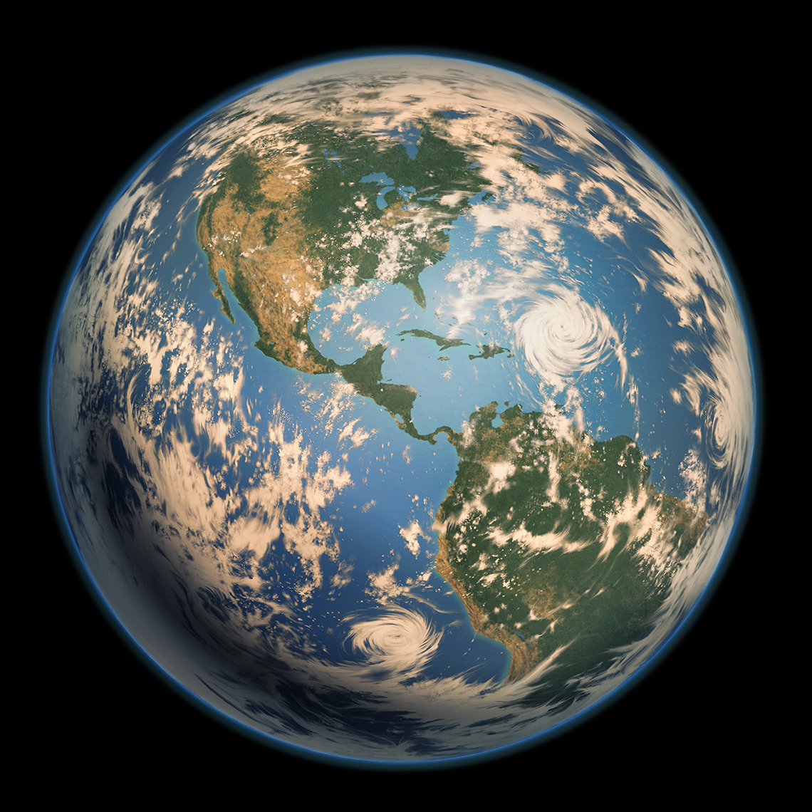 A planet with land, water, and clouds.