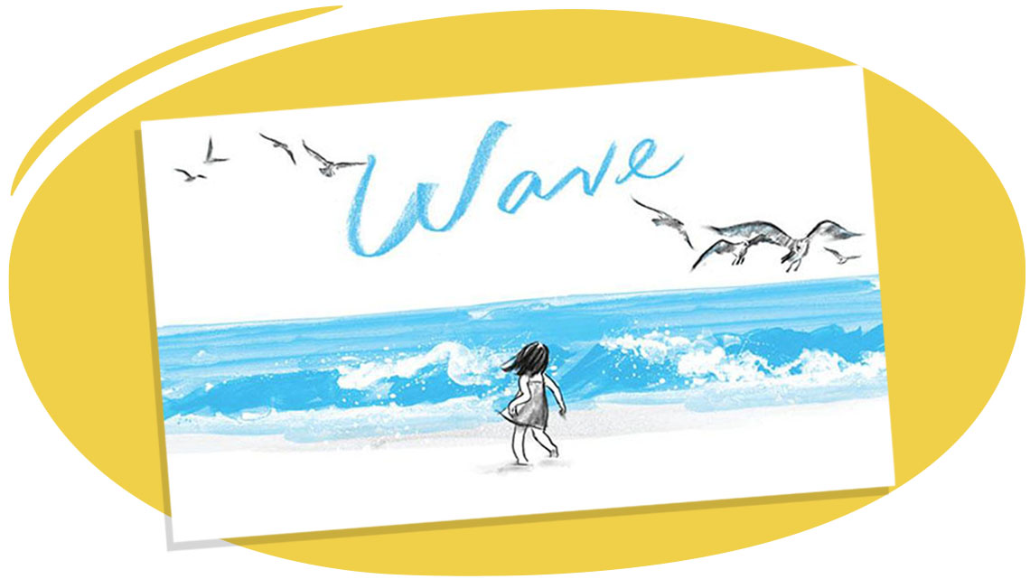 A girl stands on a beach facing the water. Waves are cresting and birds are flying in the sky.