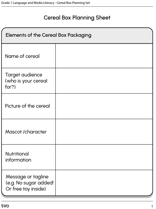 Cereal box planning sheet
