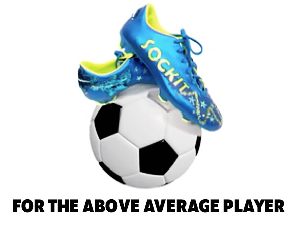 Brand: “Sockit.” Bright blue and yellow cleats withs sequins placed on top of a soccer ball. Slogan: For the above average player.
