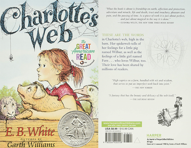 Charlotte’s Web book cover and back cover.