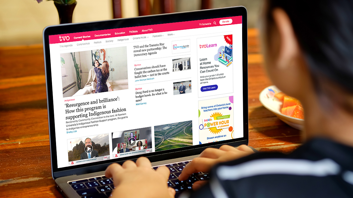 An image of TVO’s Current Stories webpage showing various recent news stories.