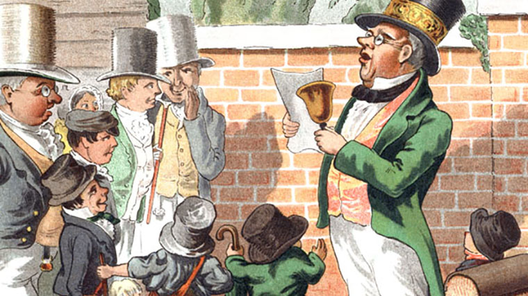 Illustration of people gathered around a town crier