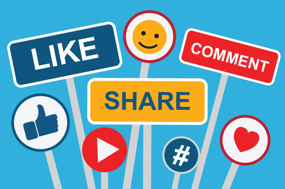 An image of social media symbols including the words, like, share, and comment