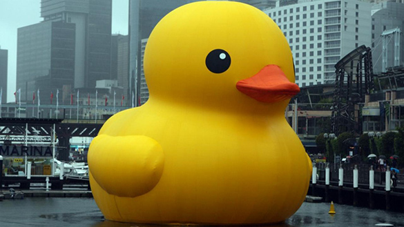 A giant 120-foot-tall rubber duck floats in a cities harbor