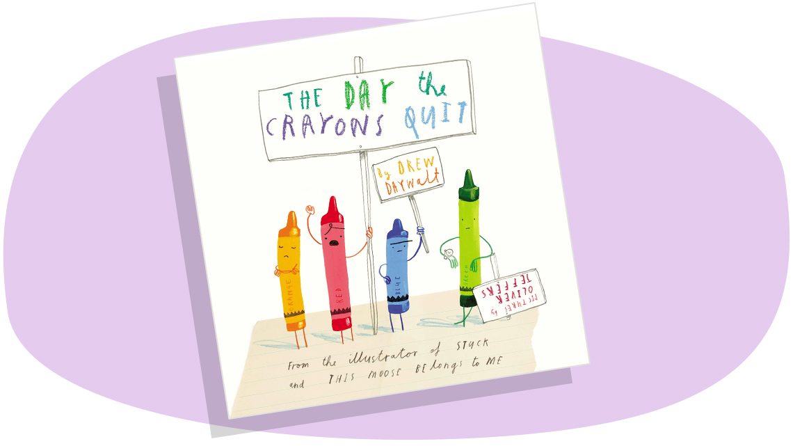 Book cover. There are 4 crayons with faces, 1 is shorter than the rest. 3 are holding protest signs