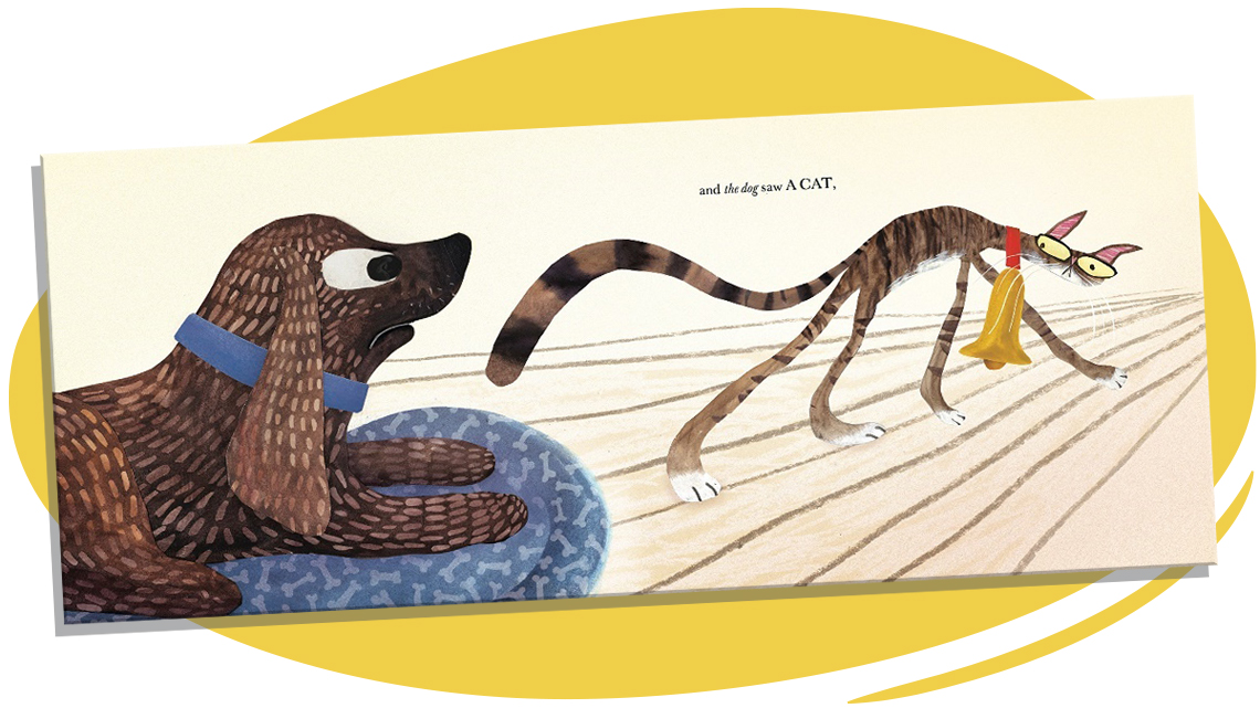 The dog is watching the cat walk by that has a long tail, legs, and body from the dog's perspective.