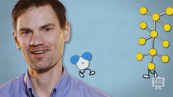 Damian, from the video, Oil and Water, uses visual representations of water and oil molecules.
