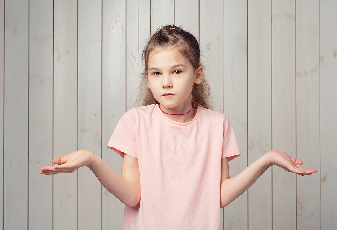 A woman with stretched hands imagining alternatives and weighing pros and cons to make a decision.