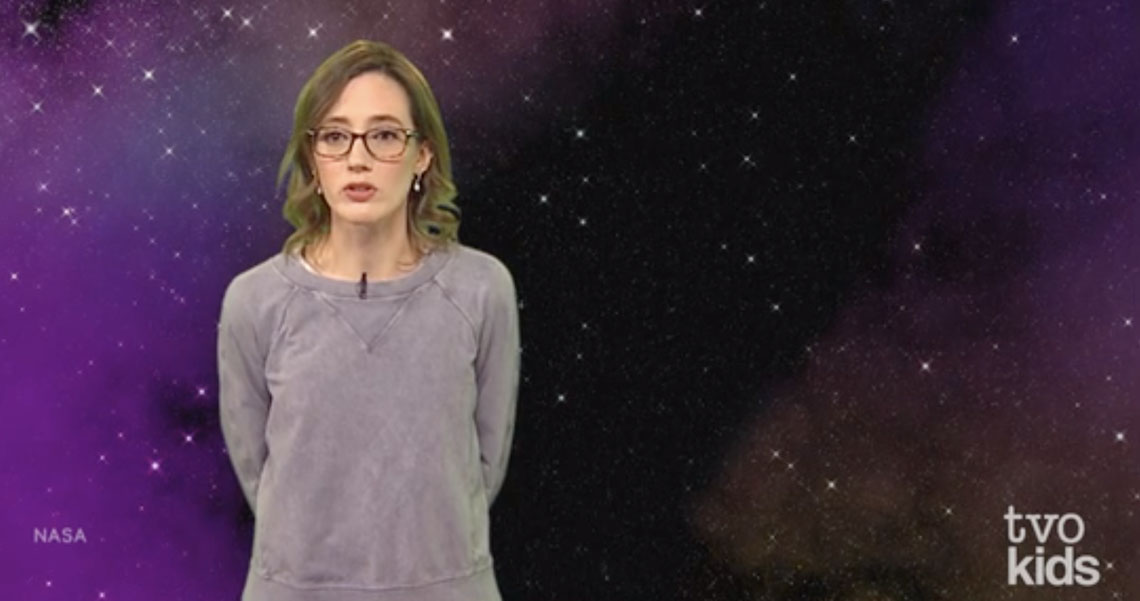 An image showing Astronomer Heidi White against a space galaxy background.