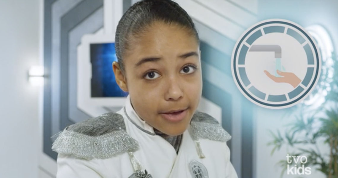 Big O, from Odd Squad PSA, is modeling washing hands.