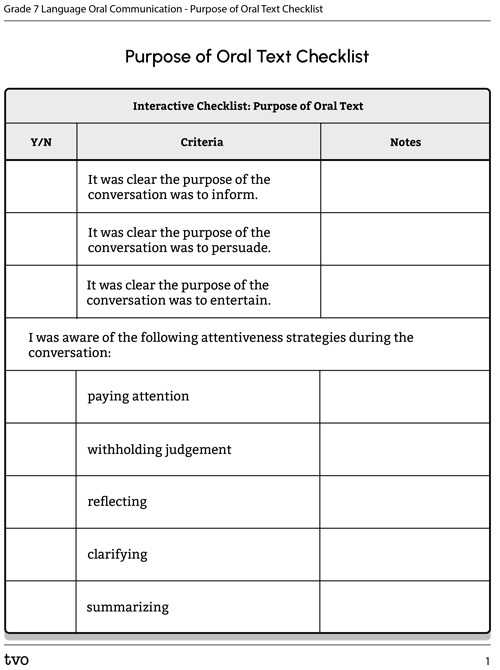 Purpose of Oral Text Checklist