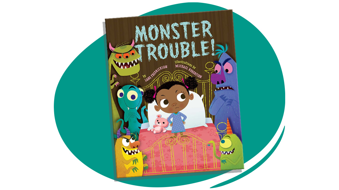 Girl with hands on hips surrounded by colourful monsters.