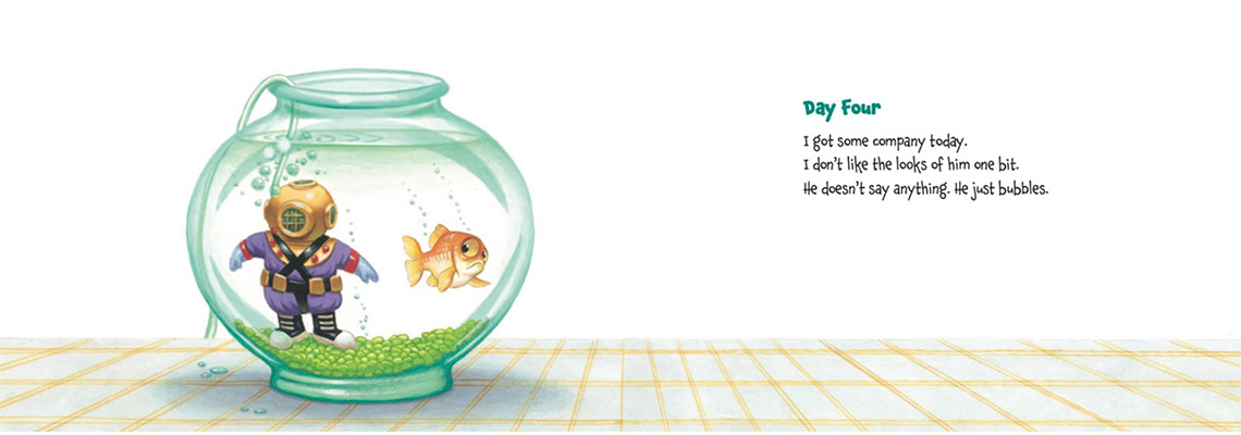 A goldfish and a deep-sea diver ornament in a bowl. The goldfish look is looking back at the diver with an uneasy expression on his face.