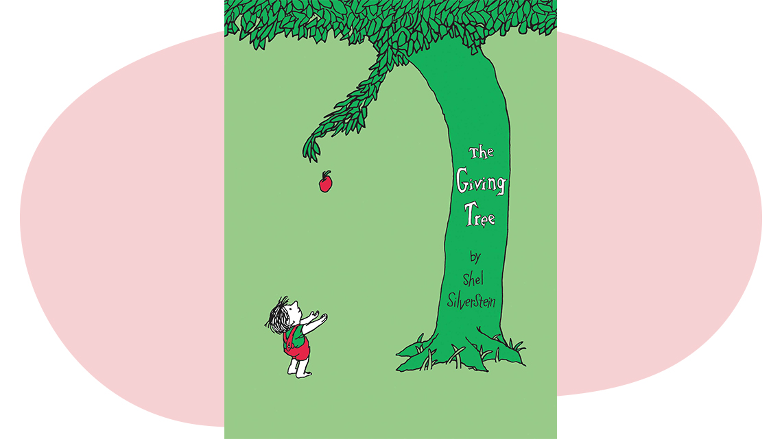 “The Giving Tree” book cover. It shows a green tree trunk with a child standing beside the tree with his hands up to catch a falling red apple.