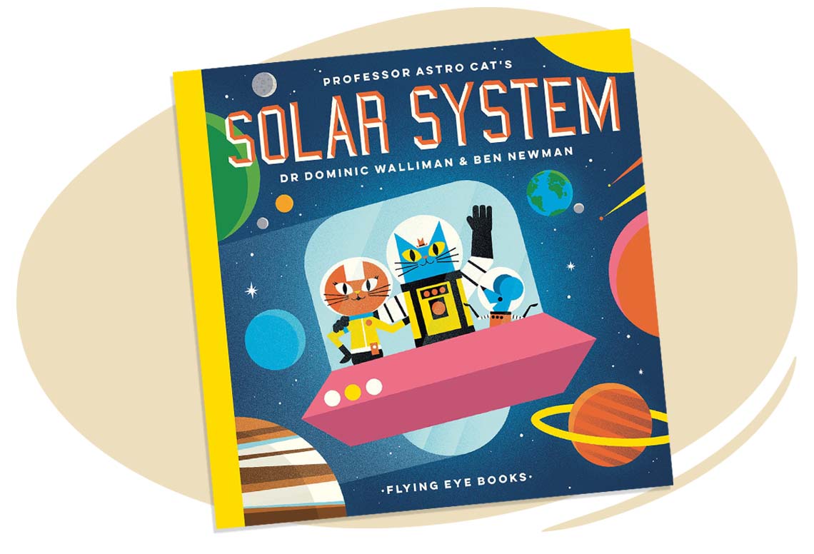 Two cats and a mouse dressed in spacesuits travelling through the solar system in a space ship.