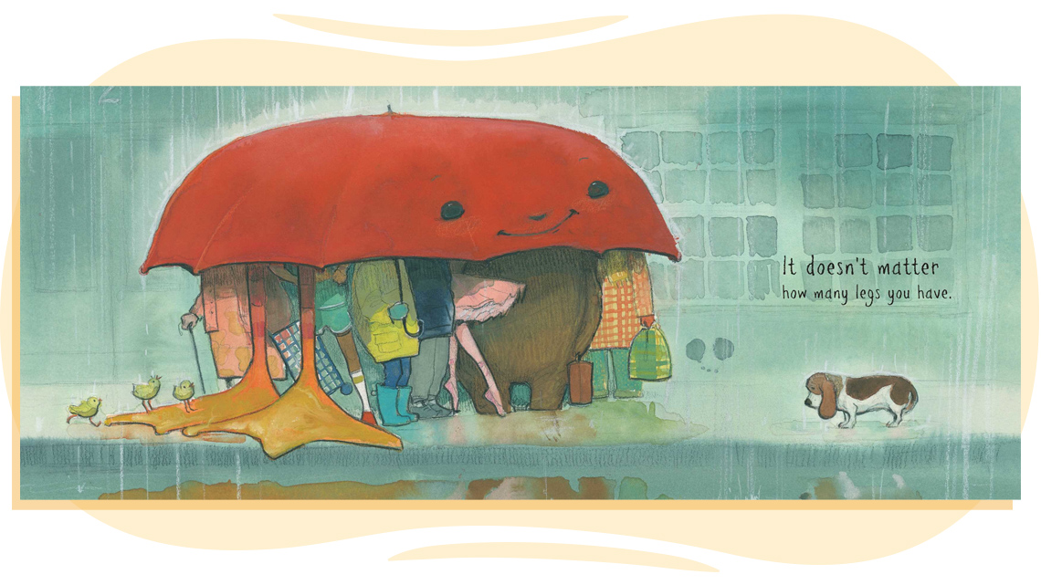 Large, red umbrella with many people underneath it.