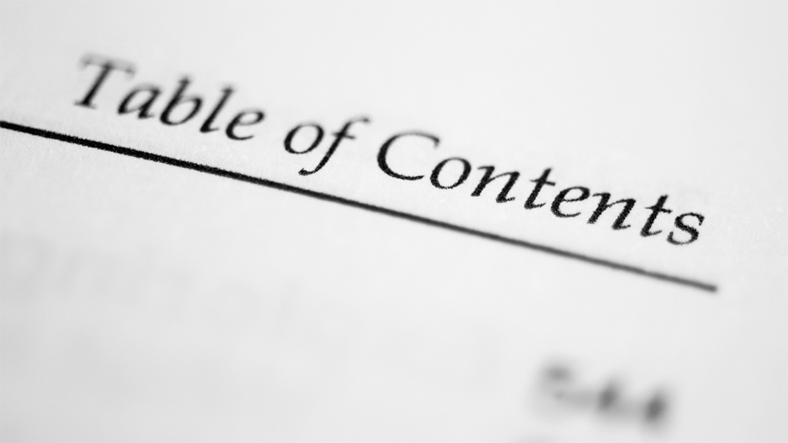 An image of a table of Contents from a book, with the words: Table of Contents in cursive