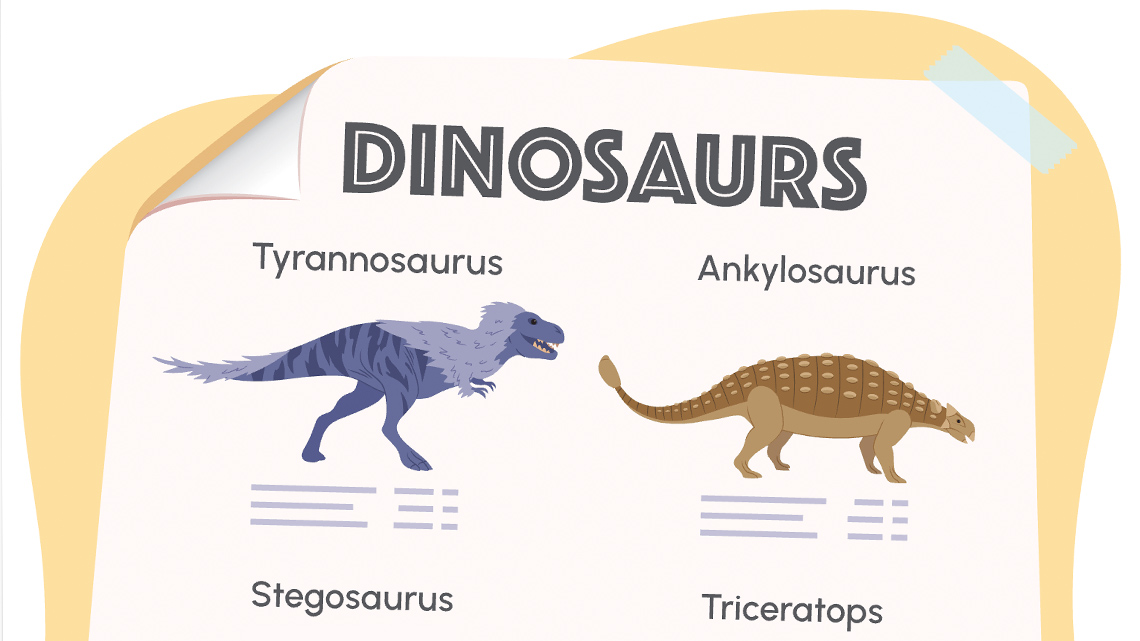 Title: Dinosaurs. Drawings of Tyrrannosaurus and Anklyosaurus.