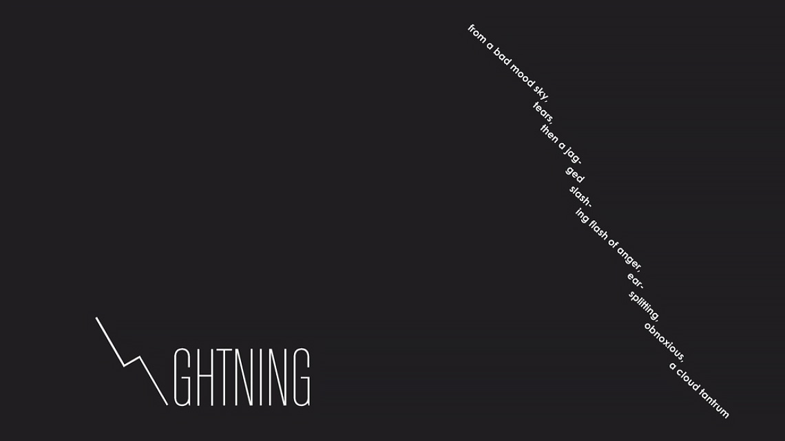The poem “Lightning” by Bob Raczka. The poem is in the shape of a lightning bolt.
