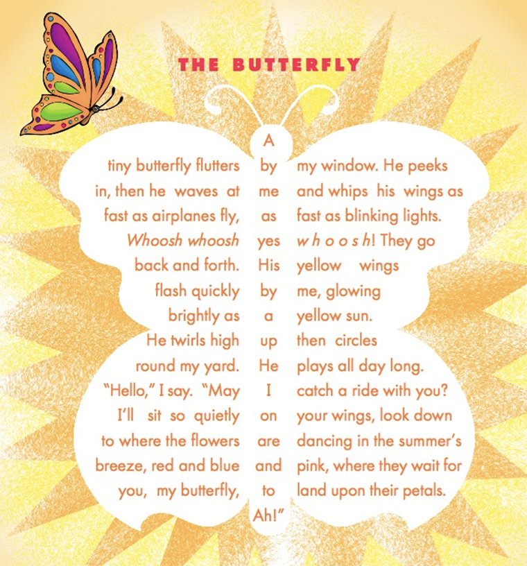 The poem “The Butterfly” by Yvonne Pearson. The poem is in the shape of a butterfly.