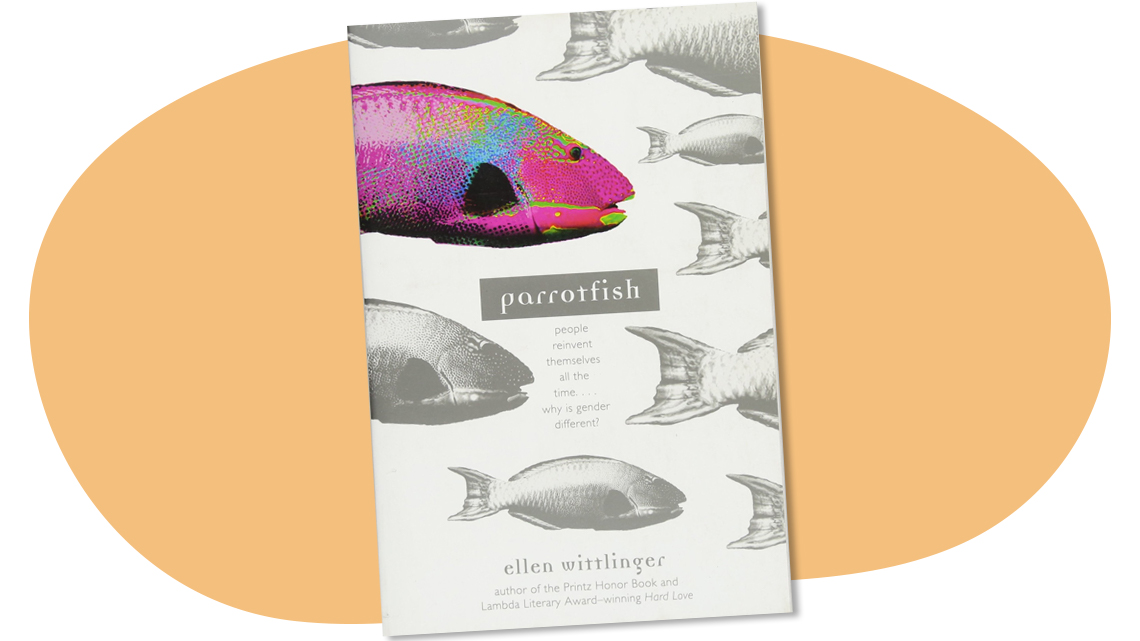 Title: Parrotfish. Monotone gray image of parrotfish repeated, one stands out in full colour.