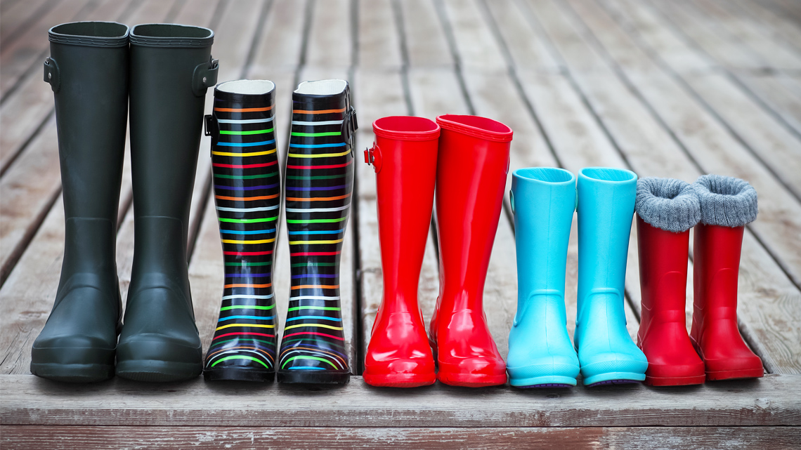 Rainboots lined up from biggest to smallest