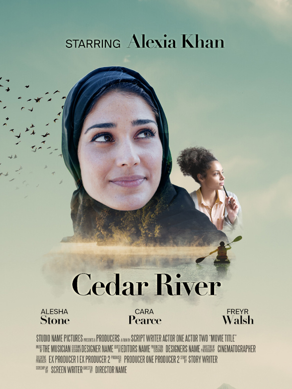 Cedar River movie title. Two women. Birds flying around. A person rowing in a kayak on misty water.
