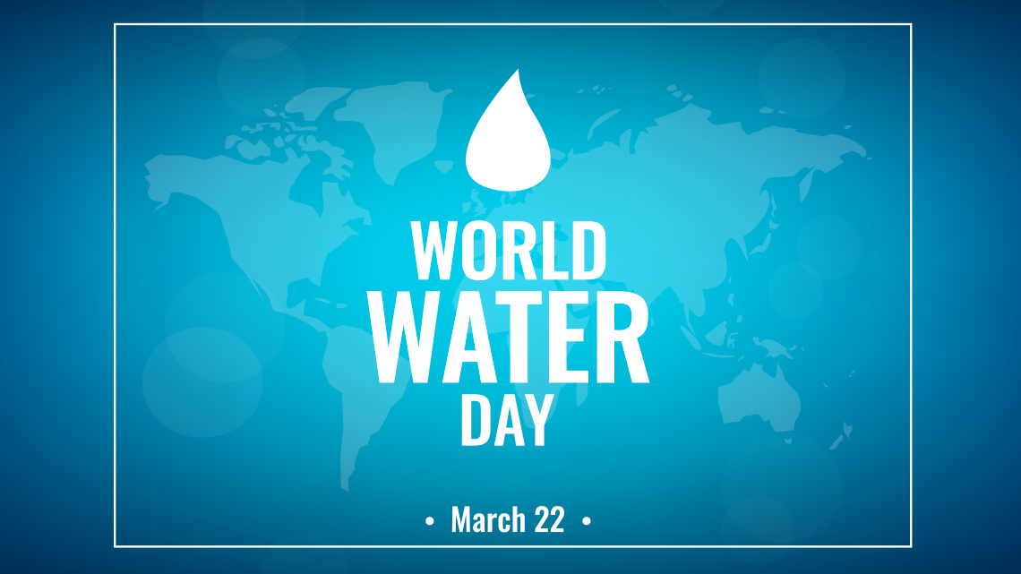 World Water Day, March 22 announcement with white water droplet overlaying a world map background