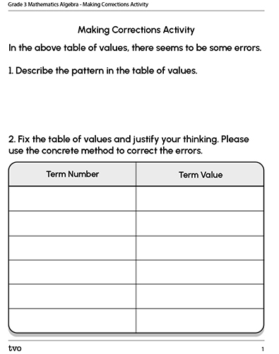 Grade 3 Mathematics Algebra – Making Corrections Activity