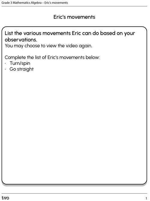 Grade 3 Mathematics Algebra – Eric’s movements