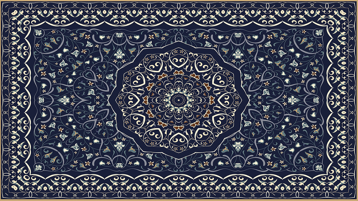 A carpet with a radial pattern in the centre and a different repeating pattern around the perimeter.