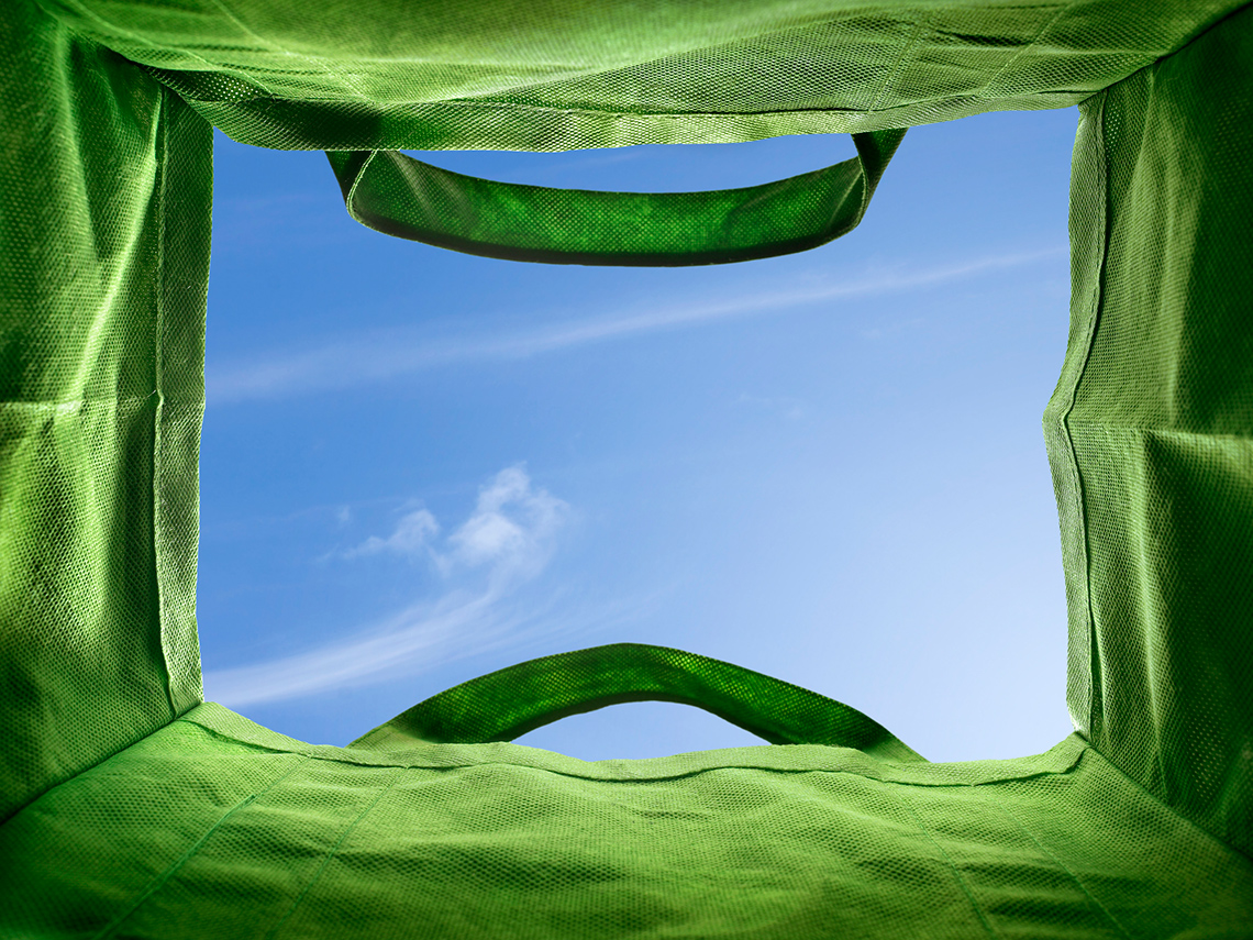 Inside perspective of a green bag. Looking up at the blue sky.