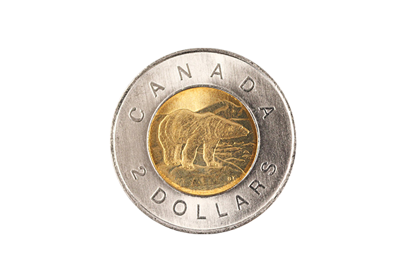 Canadian two dollar coin called a toonie as well. Made of two colours it has a polar bear on it.