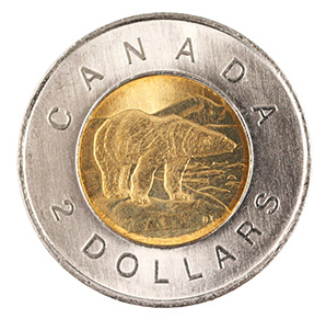 Canadian two dollar coin called a toonie as well. Made of two colours it has a polar bear on it.