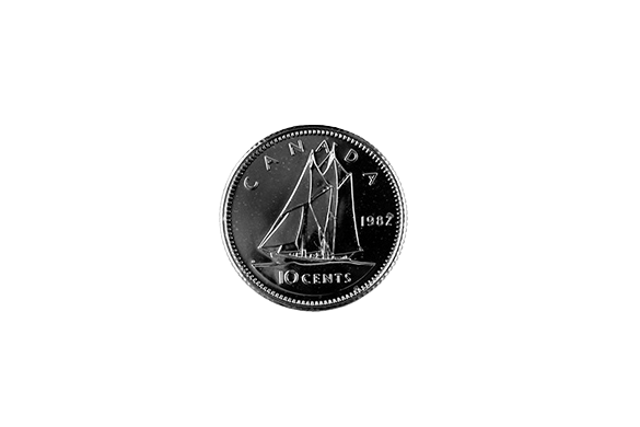 Canadian ten cents coin also called a dime has a famous Canadian sailboat on it “the Bluenose”